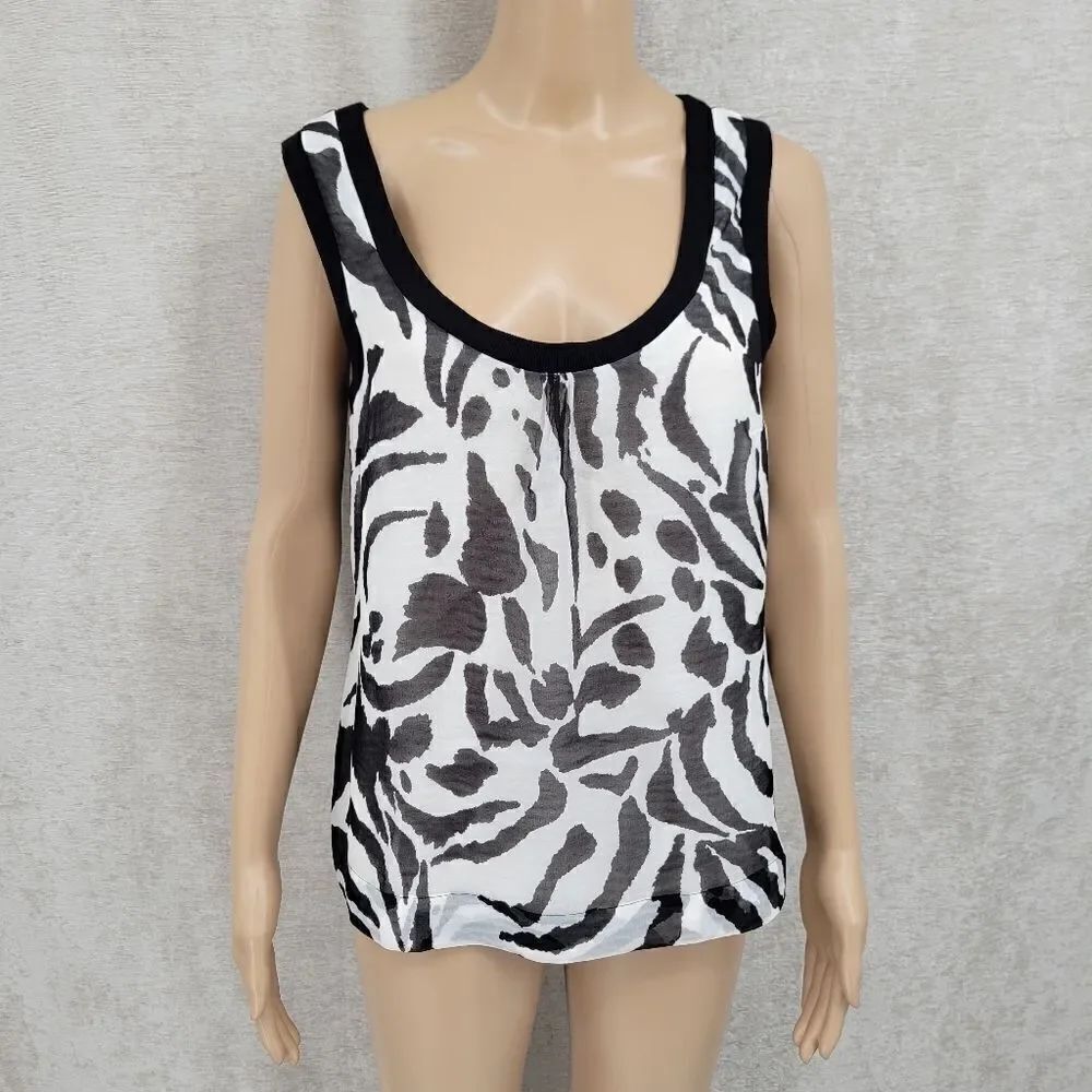 Escada Black and White Abstract Zebra Sleeveless Silk Scoop Neck Blouse
